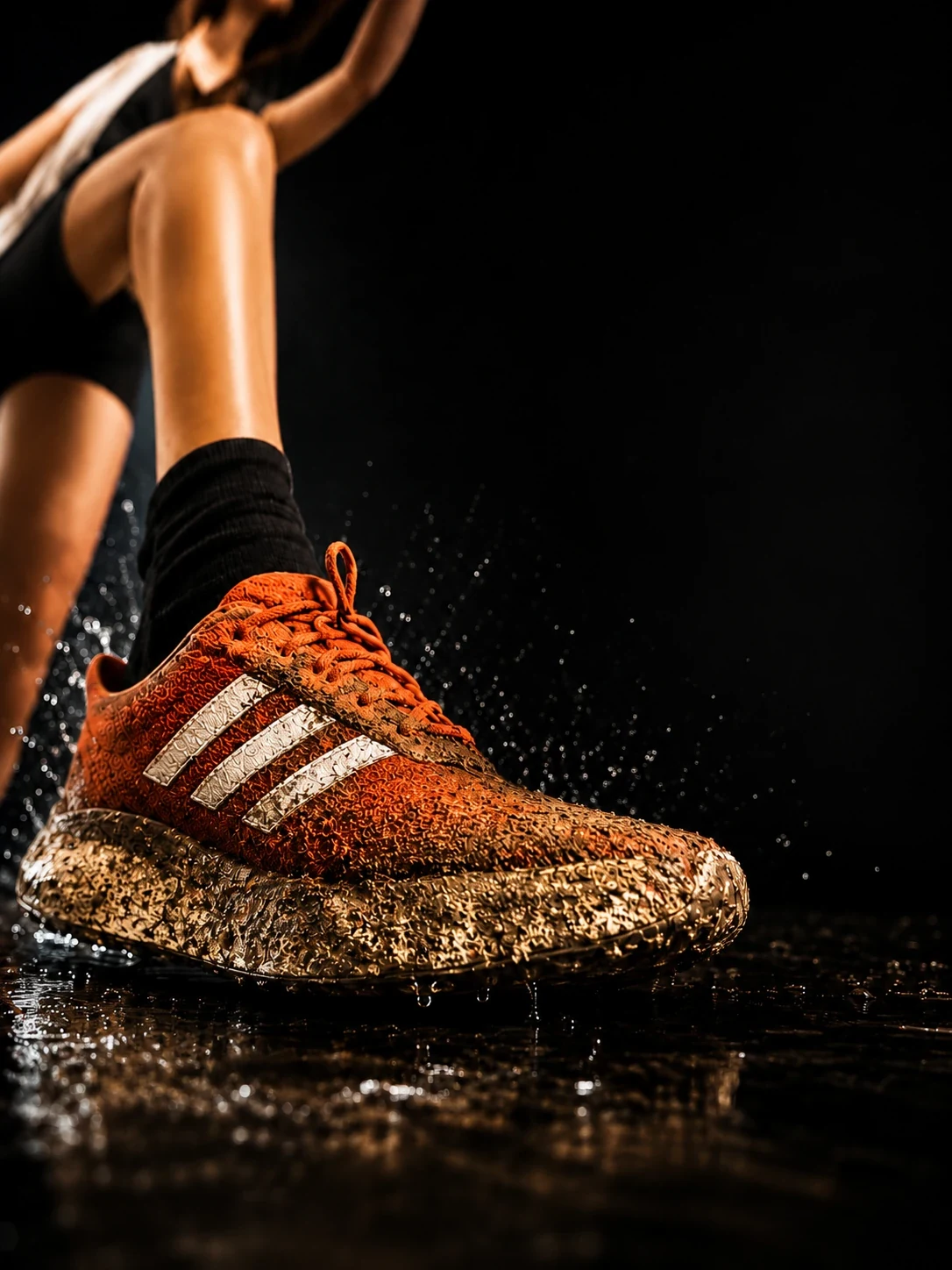 Zapato deportivo sucio en una escena de lluvia